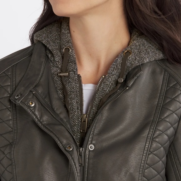 MO-KA - (Dark Grey) Meriam Knit Hood Faux Leather Jacket - Picture 2 of 4